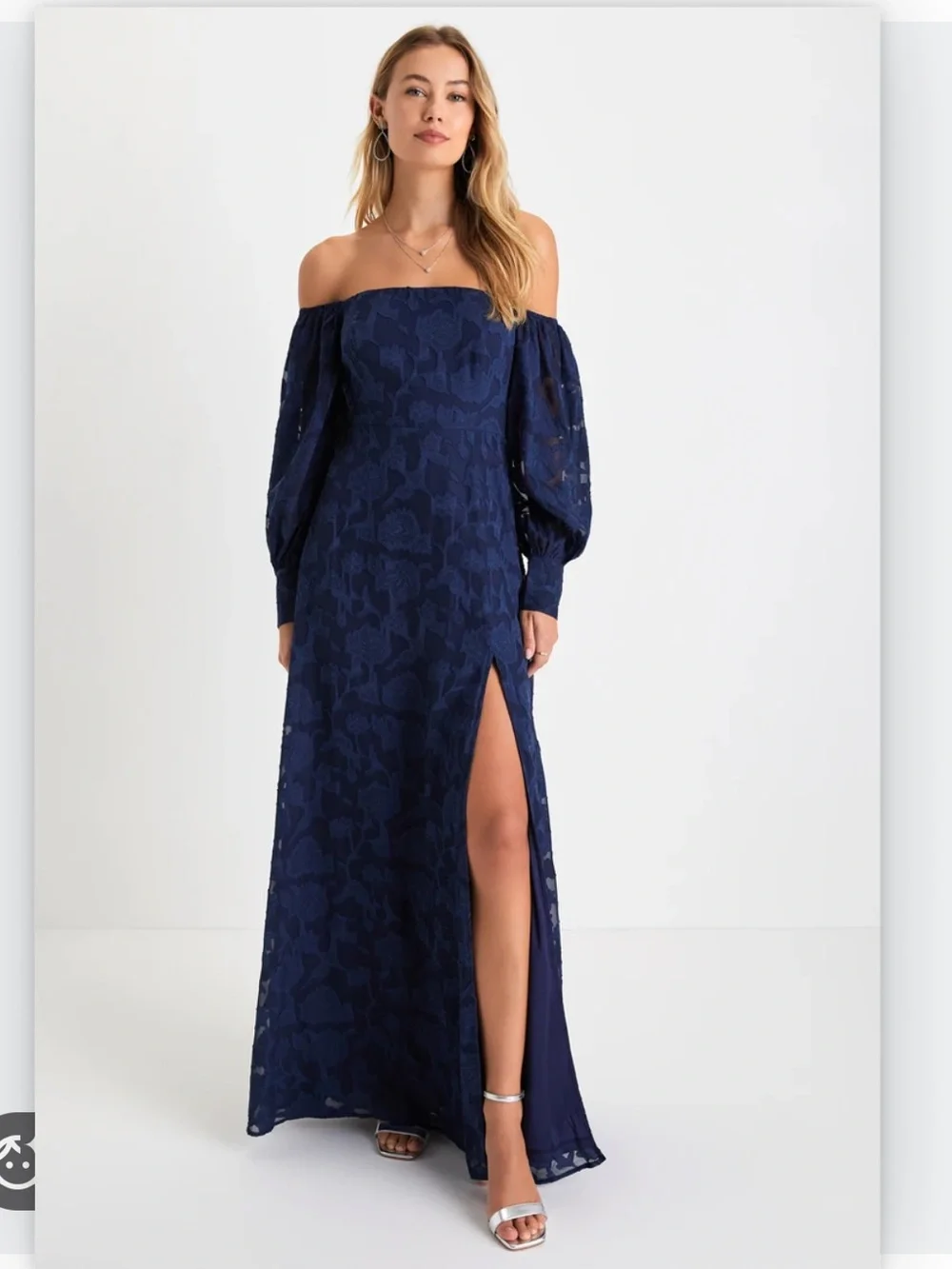 Lulus Navy Blue Burnout Floral Off Shoulder Maxi Dress NWT Size Small